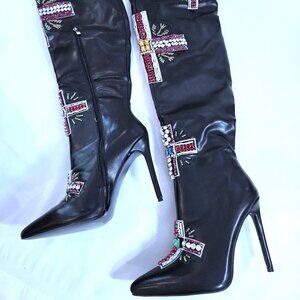 NIB NWT Azalea Wang Black Over the Knee Boosted Rhinestone Boots Size 9